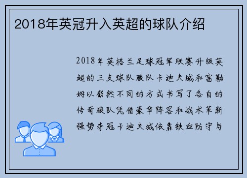 2018年英冠升入英超的球队介绍